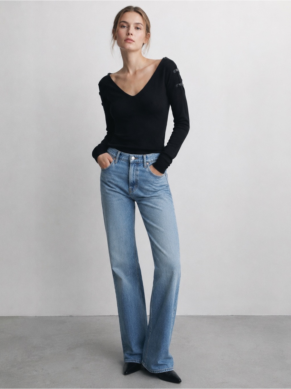 AVALIN V-Neck Knit Top with Shoulder Buckle Details